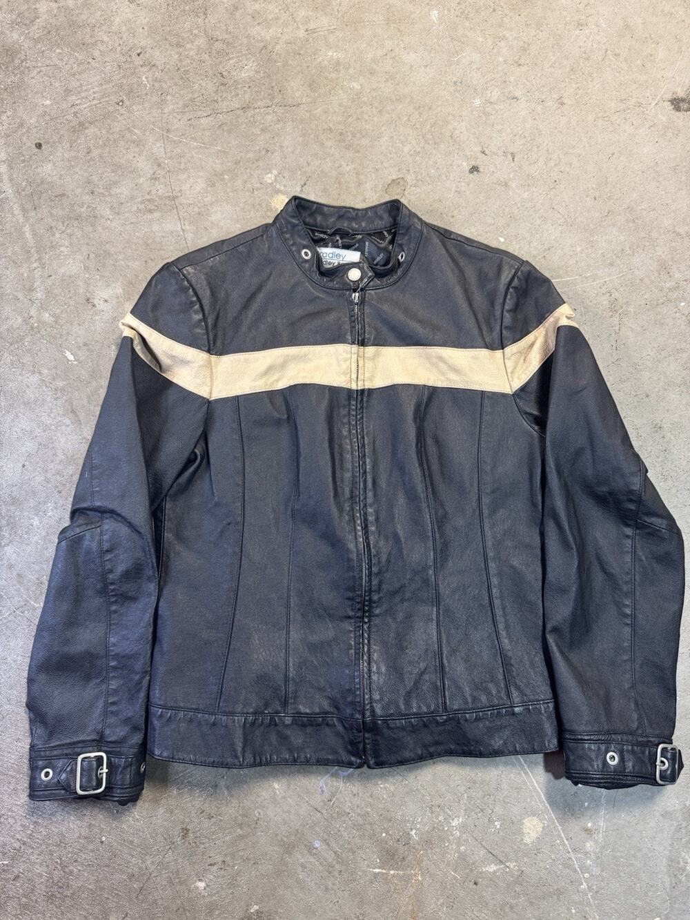 Vintage Bradley Bayou 90s Black & Beige Genuine Leather Biker Jacket